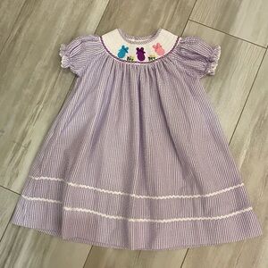Lil Cactus Lavender Pastel Purple Seersucker Smocked Bunny Bishop Dress, size 3T